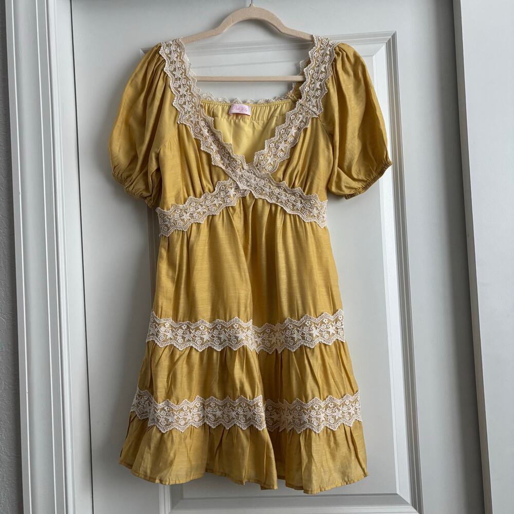 Pink Lily Savor This Feeling S Babydoll Mustard Lace Mini Dress Prairie Tiered - Picture 2 of 13